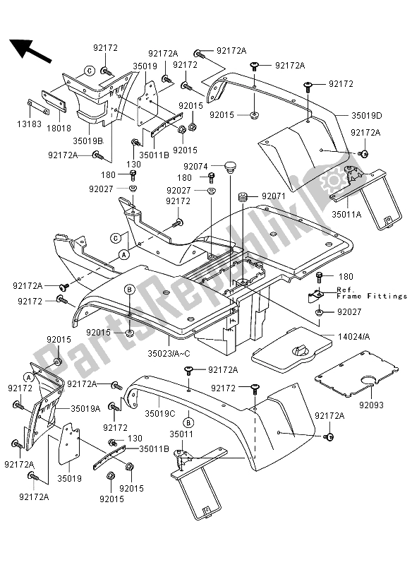 All parts for the Rear Fender of the Kawasaki KLF 300 2003