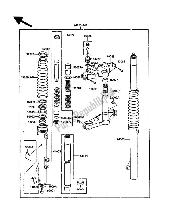 Alle onderdelen voor de Voorvork van de Kawasaki KLR 250 1989