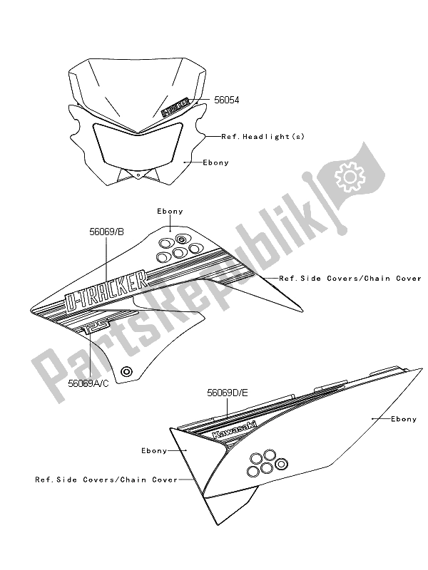 All parts for the Decals (ebony) of the Kawasaki D Tracker 125 2011