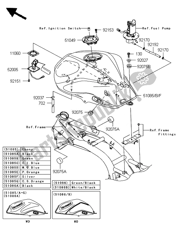 Alle onderdelen voor de Benzinetank van de Kawasaki Z 750 2007