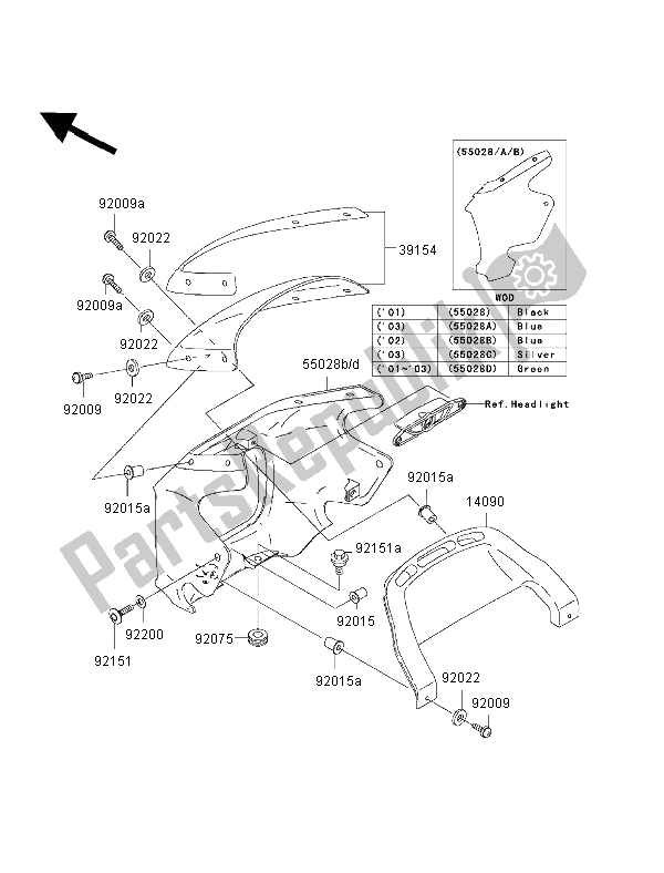 All parts for the Cowling of the Kawasaki ZRX 1200R 2002