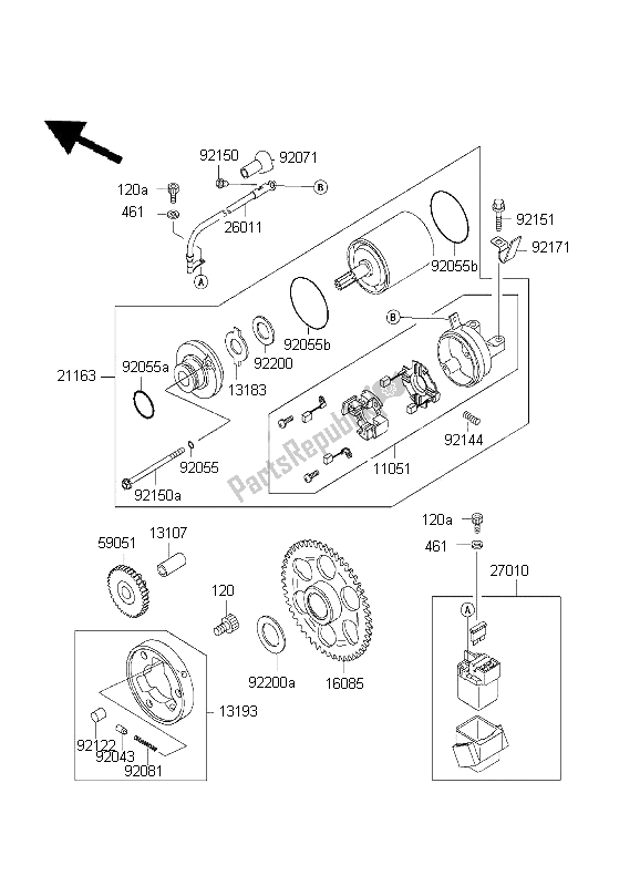 All parts for the Starter Motor of the Kawasaki Ninja ZX 6R 600 2001