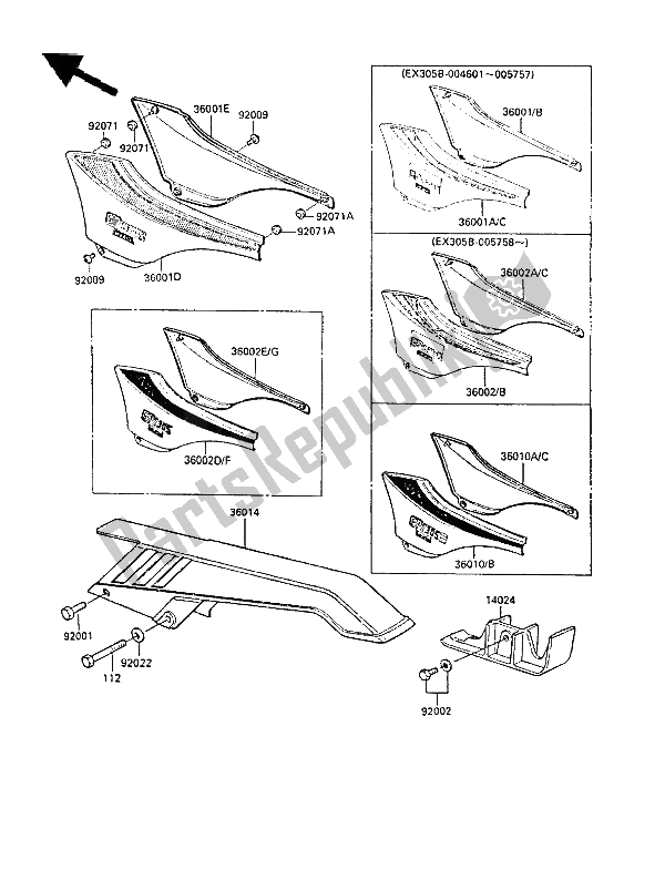 Alle onderdelen voor de Zijafdekkingen En Kettingafdekking van de Kawasaki GPZ 305 Belt Drive 1985