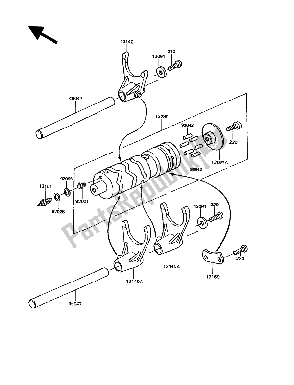 All parts for the Change Drum & Shift Fork of the Kawasaki GPZ 305 Belt Drive 1993