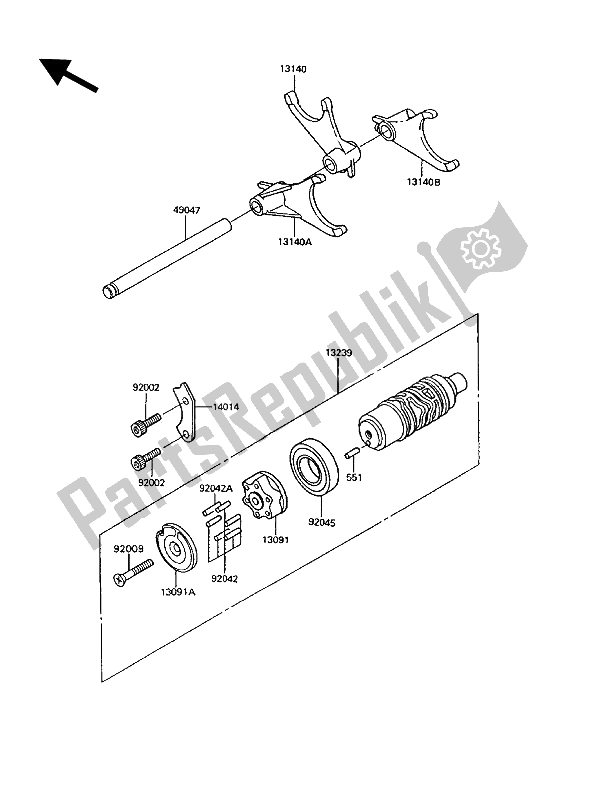 All parts for the Gear Change Drum & Shift Fork(s) of the Kawasaki 1000 GTR 1992