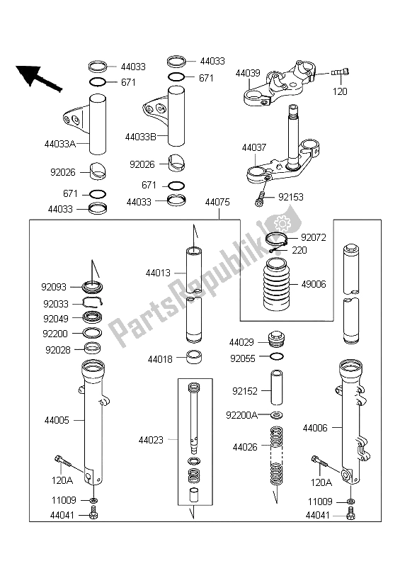 All parts for the Front Fork of the Kawasaki W 650 2004