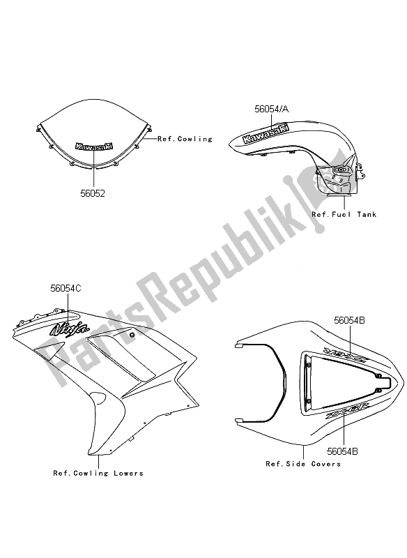 All parts for the Decals (ebony) of the Kawasaki Ninja ZX 6R 600 2007