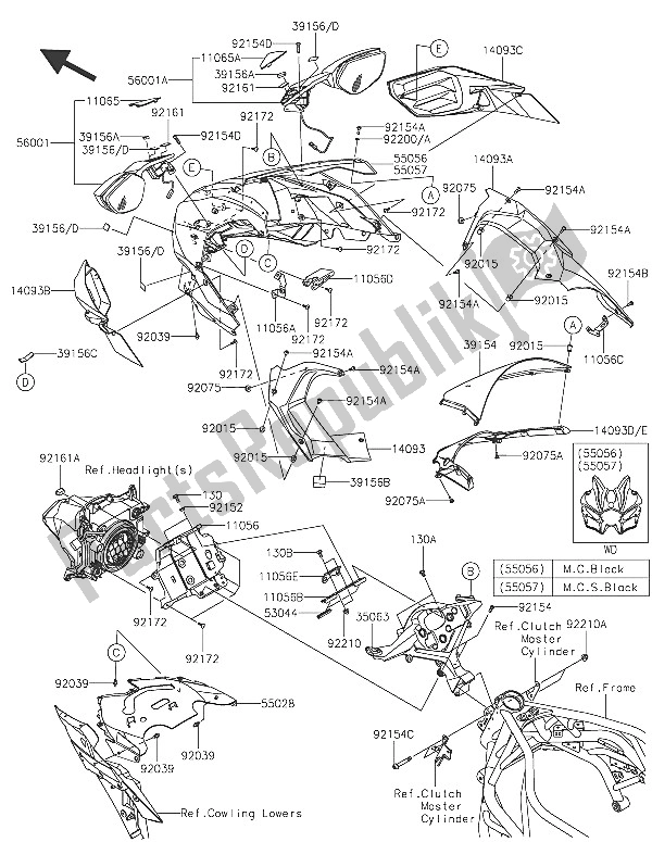 All parts for the Cowling of the Kawasaki Ninja H2 1000 2016