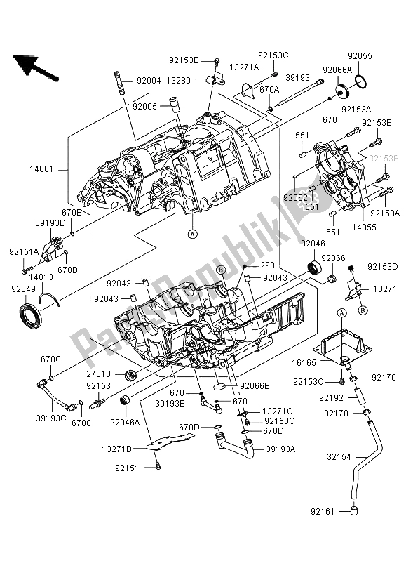 All parts for the Crankcase (jkaer650ae057324 ) of the Kawasaki ER 6N ABS 650 2008