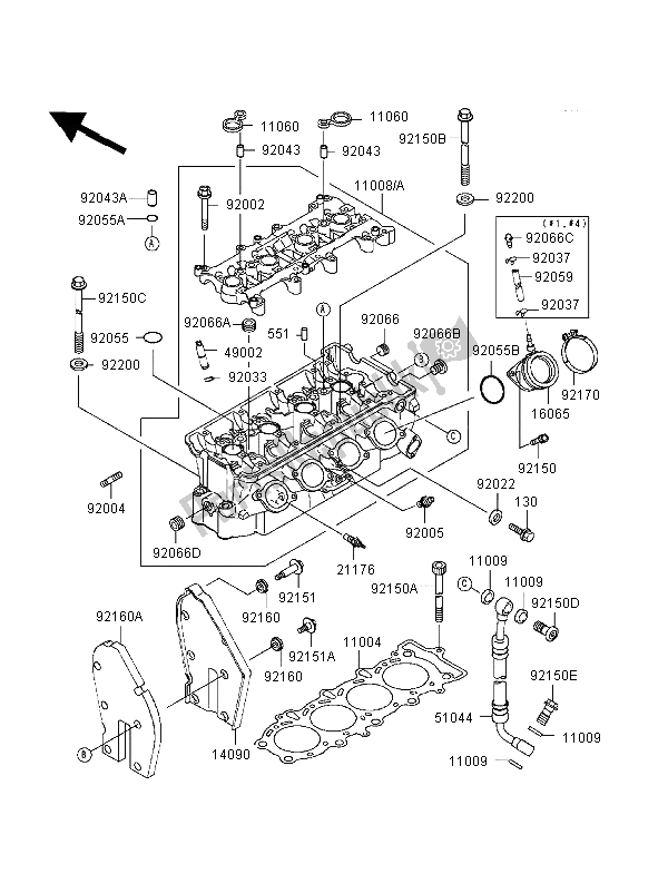 All parts for the Cylinder Head of the Kawasaki Ninja ZX 6R 600 1998