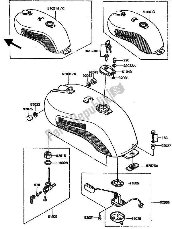 Alle onderdelen voor de Benzinetank van de Kawasaki GPZ 1100 1985