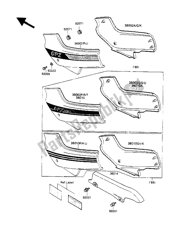 Todas as partes de Tampas Laterais E Tampa Da Corrente do Kawasaki GPZ 500S 1989
