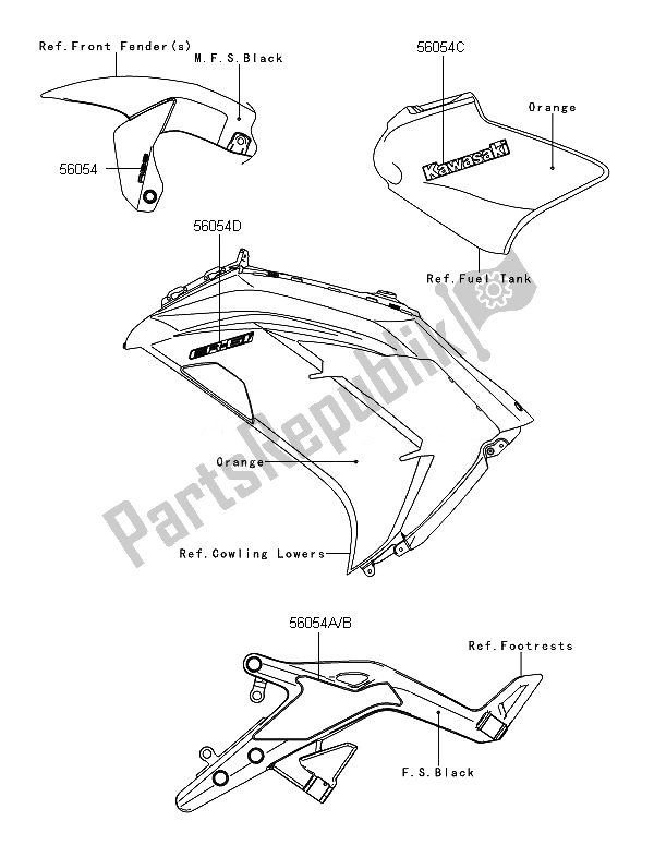 All parts for the Decals (orange) of the Kawasaki ER 6F ABS 650 2014