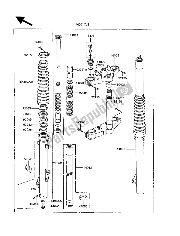 All parts for the Front Fork of the Kawasaki KLR 600 1993