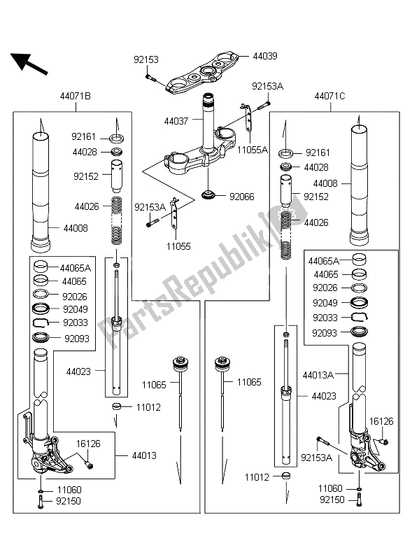 All parts for the Front Fork of the Kawasaki Z 1000 2011