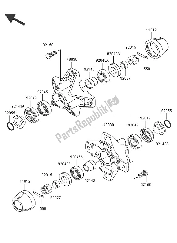 All parts for the Front Hub of the Kawasaki KLF 300 2005