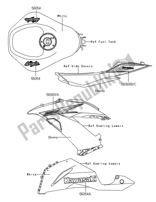 All parts for the Decals (white) of the Kawasaki Ninja ZX 6R 600 2013