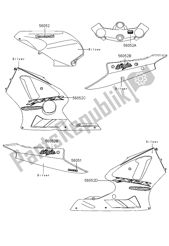 Alle onderdelen voor de Stickers (zilver) van de Kawasaki Ninja ZX 12R 1200 2003