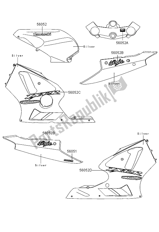 Wszystkie części do Kalkomanie (srebrne) Kawasaki Ninja ZX 12R 1200 2003