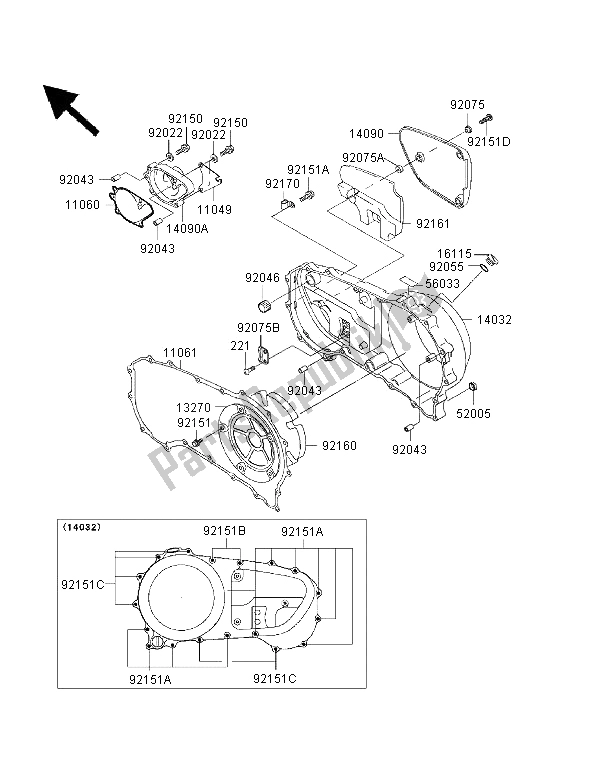 All parts for the Right Engine Cover of the Kawasaki VN 1500 Classic Tourer FI 2001