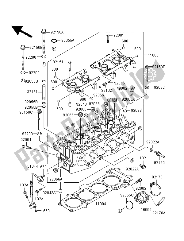 All parts for the Cylinder Head of the Kawasaki Ninja ZX 7R 750 1996