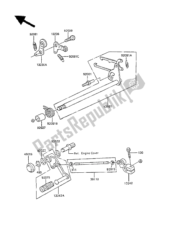 All parts for the Gear Change Mechanism of the Kawasaki GPZ 305 Belt Drive 1988