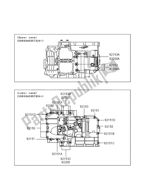 All parts for the Crankcase Bolt Pattern (er650ae057324 ) of the Kawasaki ER 6N ABS 650 2007