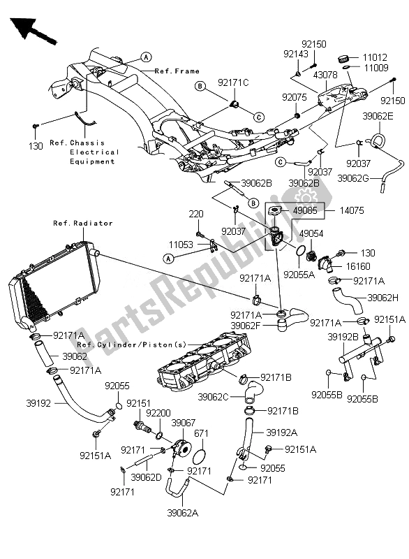 All parts for the Water Pipe of the Kawasaki Z 1000 2007