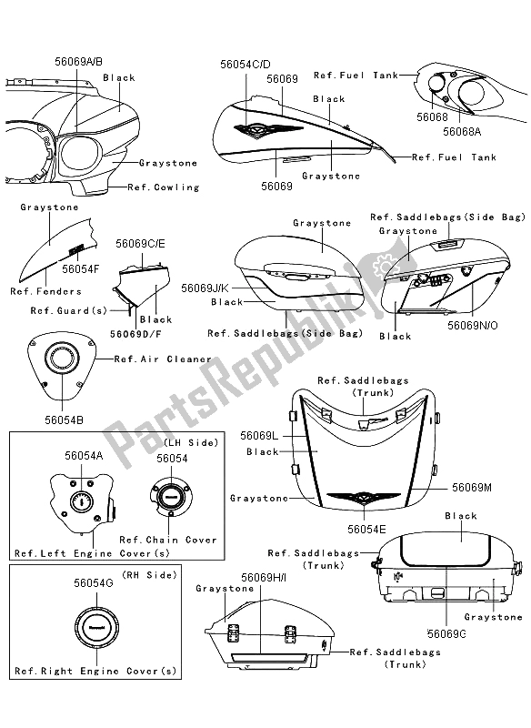 Tutte le parti per il Decalcomanie (pietra Grigio-nera) del Kawasaki VN 1700 Voyager ABS 2012