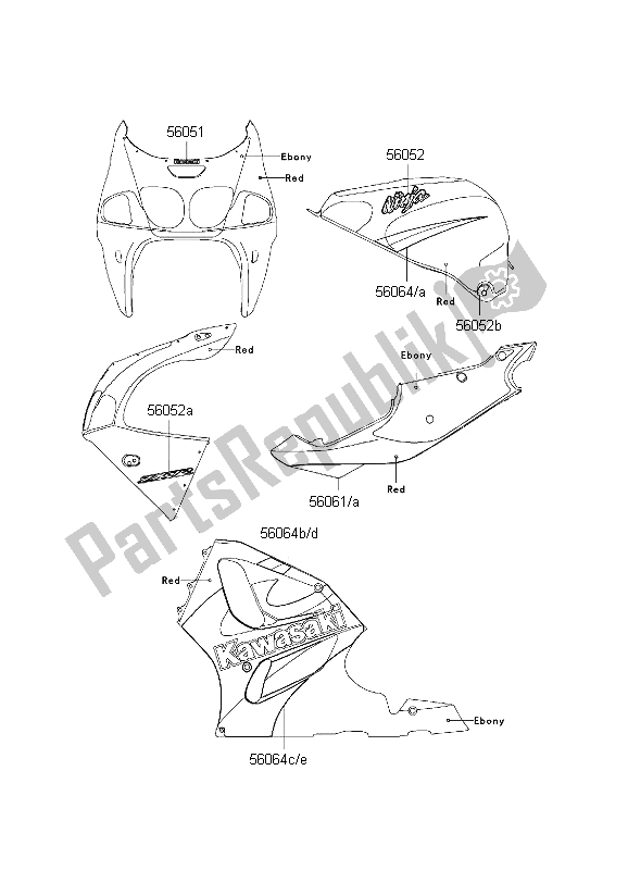 Wszystkie części do Kalkomanie (czerwone) Kawasaki Ninja ZX 7R 750 2001