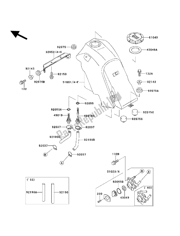 All parts for the Fuel Tank of the Kawasaki KLX 650 1994