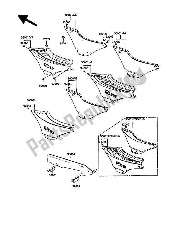 Alle onderdelen voor de Zijafdekkingen En Kettingafdekking van de Kawasaki GPZ 550 1985