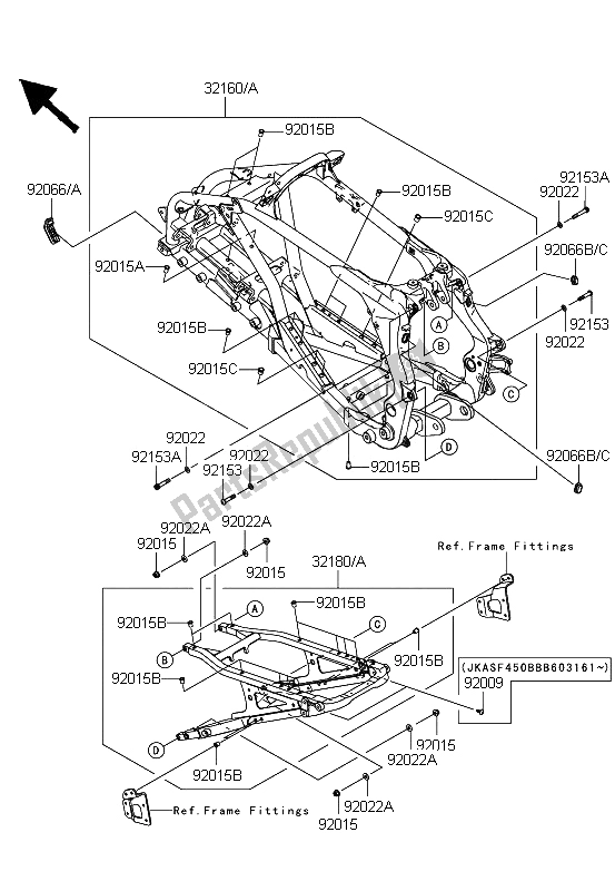 All parts for the Frame of the Kawasaki KFX 450R 2009