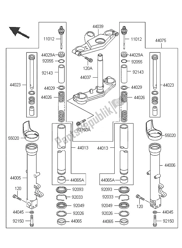 Alle onderdelen voor de Voorvork van de Kawasaki ZZR 600 2005