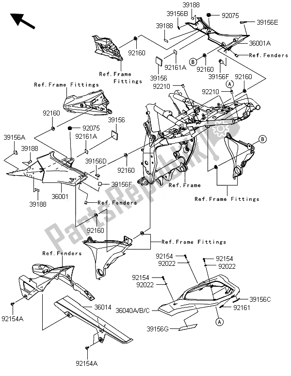 Alle onderdelen voor de Zijafdekkingen En Kettingafdekking van de Kawasaki Z 800E Version 2014