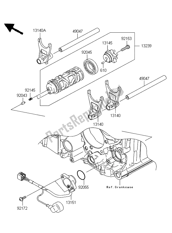 All parts for the Gear Change Drum & Shift Fork of the Kawasaki 1400 GTR 2009