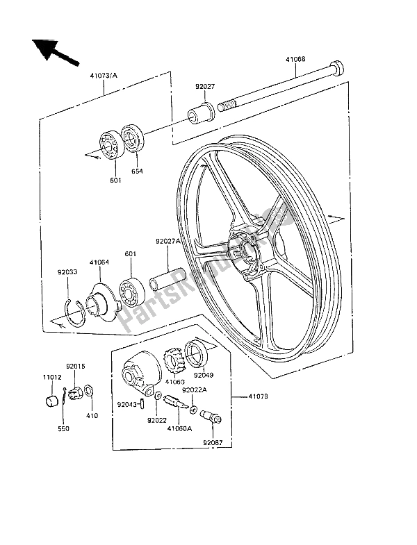 Alle onderdelen voor de Voornaaf van de Kawasaki GPZ 305 Belt Drive 1988