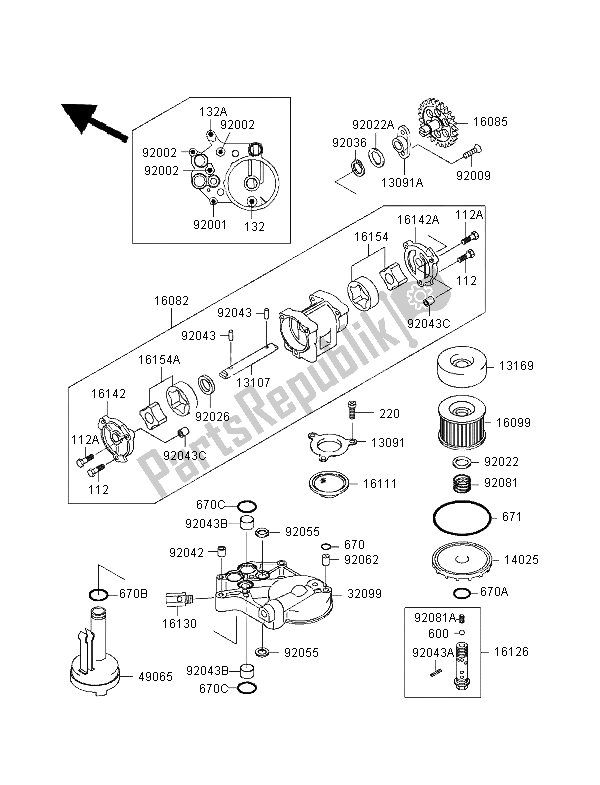 All parts for the Oil Pump of the Kawasaki GPZ 1100 1998