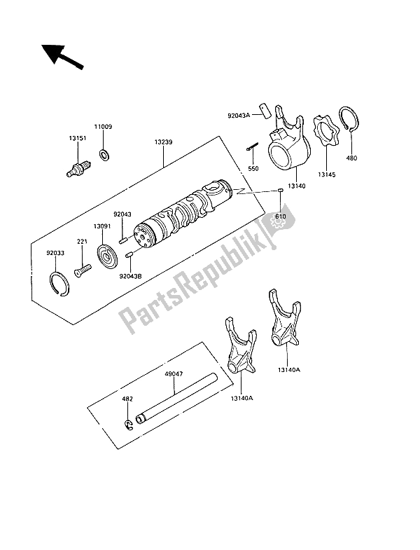 All parts for the Gear Change Drum & Shift Fork(s) of the Kawasaki GT 550 1989