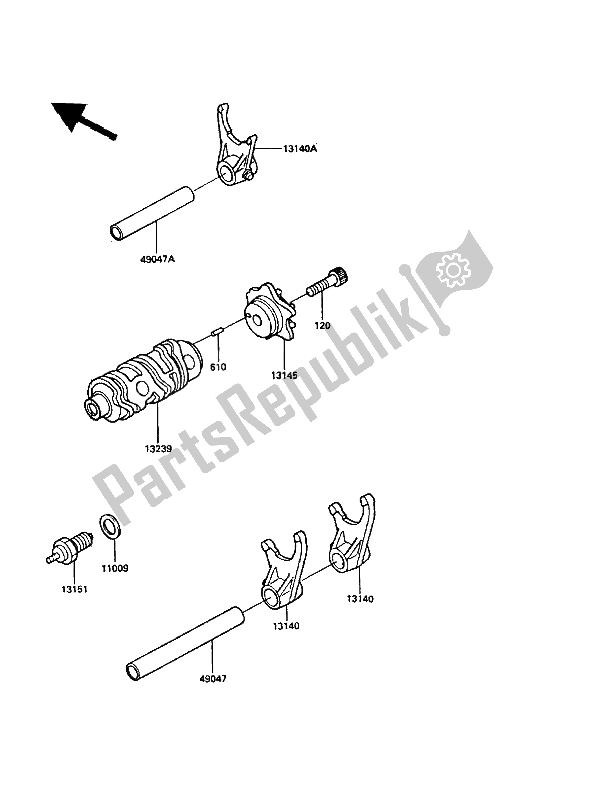 All parts for the Gear Change Drum & Shift Fork(s) of the Kawasaki KLR 250 1987
