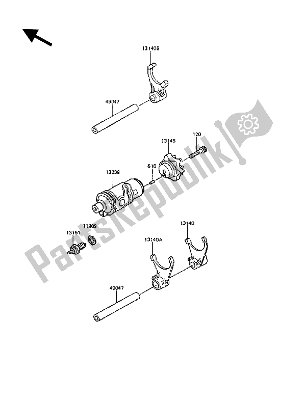 All parts for the Gear Change Drum & Shift Fork(s) of the Kawasaki KLR 600 1989