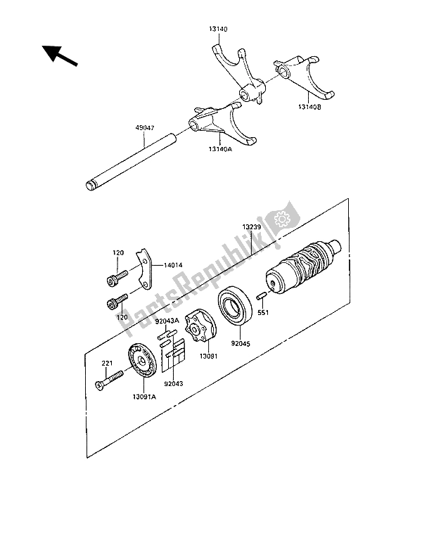 All parts for the Gear Change Drum & Shift Fork(s) of the Kawasaki GPZ 1000 RX 1987