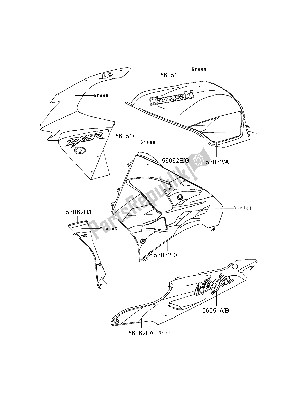 All parts for the Decals (green) of the Kawasaki Ninja ZX 9R 900 1999