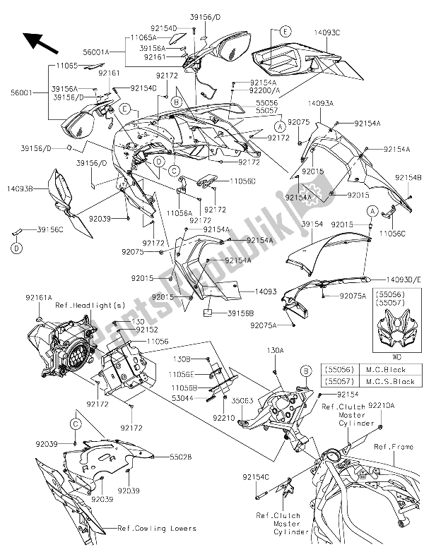 Tutte le parti per il Cuffia del Kawasaki Ninja H2 1000 2015