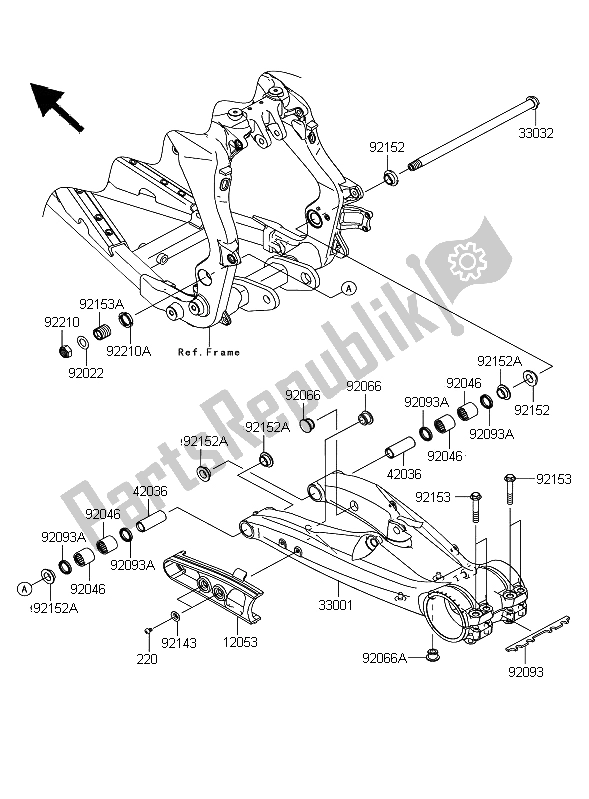 All parts for the Swingarm of the Kawasaki KFX 450R 2008