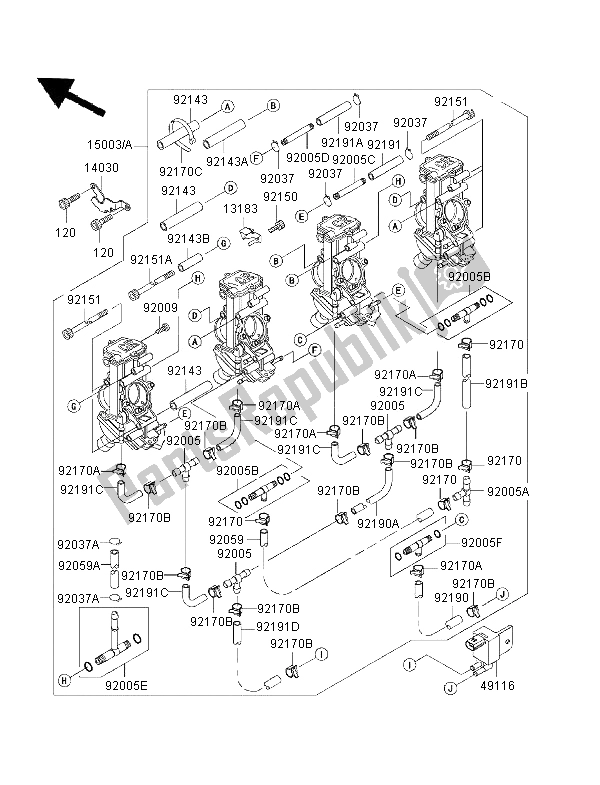 Alle onderdelen voor de Carburator van de Kawasaki Ninja ZX 7 RR 750 1996