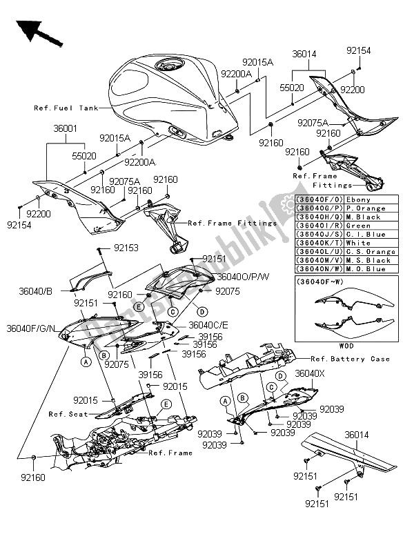 Alle onderdelen voor de Zijafdekkingen En Kettingafdekking van de Kawasaki Z 750 2008