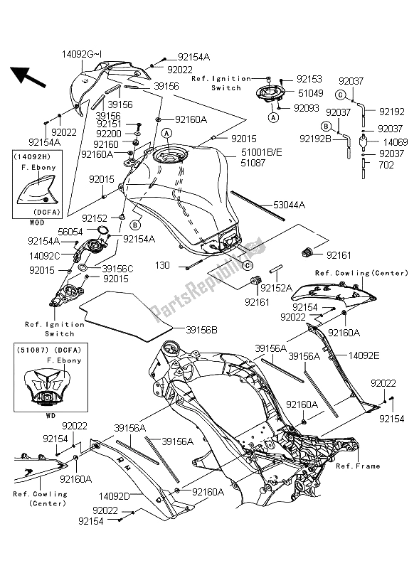 All parts for the Fuel Tank of the Kawasaki Z 1000 2012