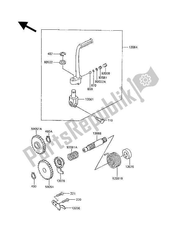 All parts for the Kickstarter Mechanism of the Kawasaki KX 60 1986