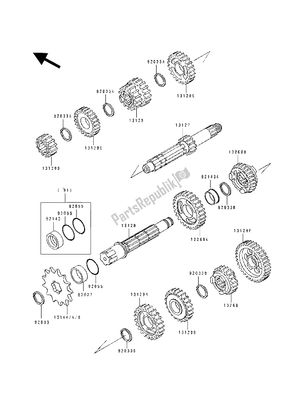 All parts for the Transmission of the Kawasaki KX 125 1991